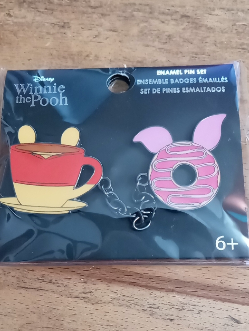 Disney Winnie the Pooh Red Teacup & Pink Donut Linked Enamel Pin Set
